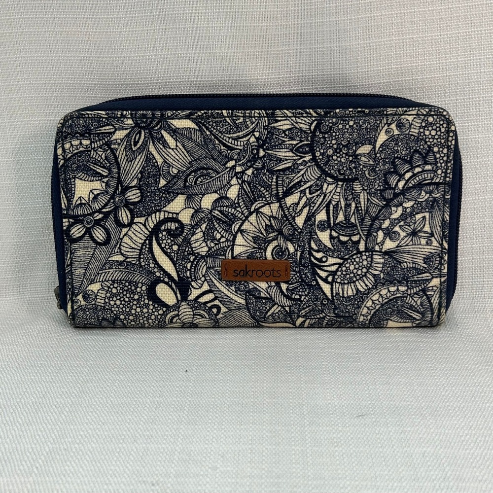 Sakroots Wallet Womens Navy Blue Cream Boho Mandala Zip Around Coated Canvas